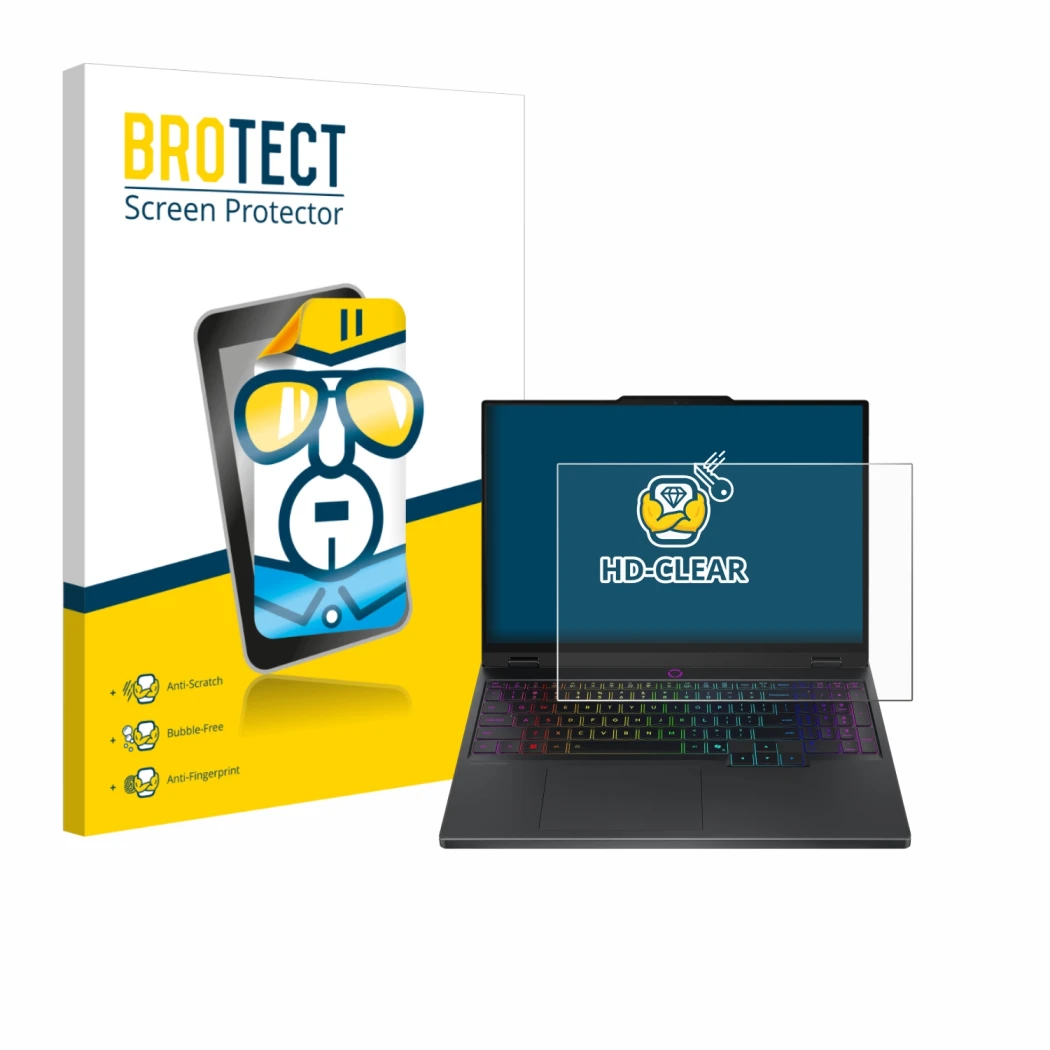 Parte frontale di una confezione del prodotto con il logo del marchio BROTECT. Accanto è raffigurato il dispositivo Lenovo Leg