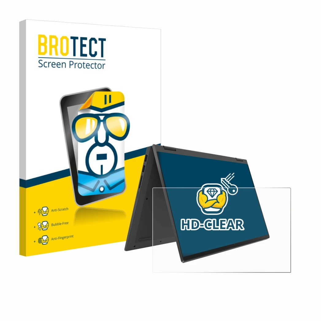 Parte frontale di una confezione del prodotto con il logo del marchio BROTECT. Accanto è raffigurato il dispositivo Lenovo Ide