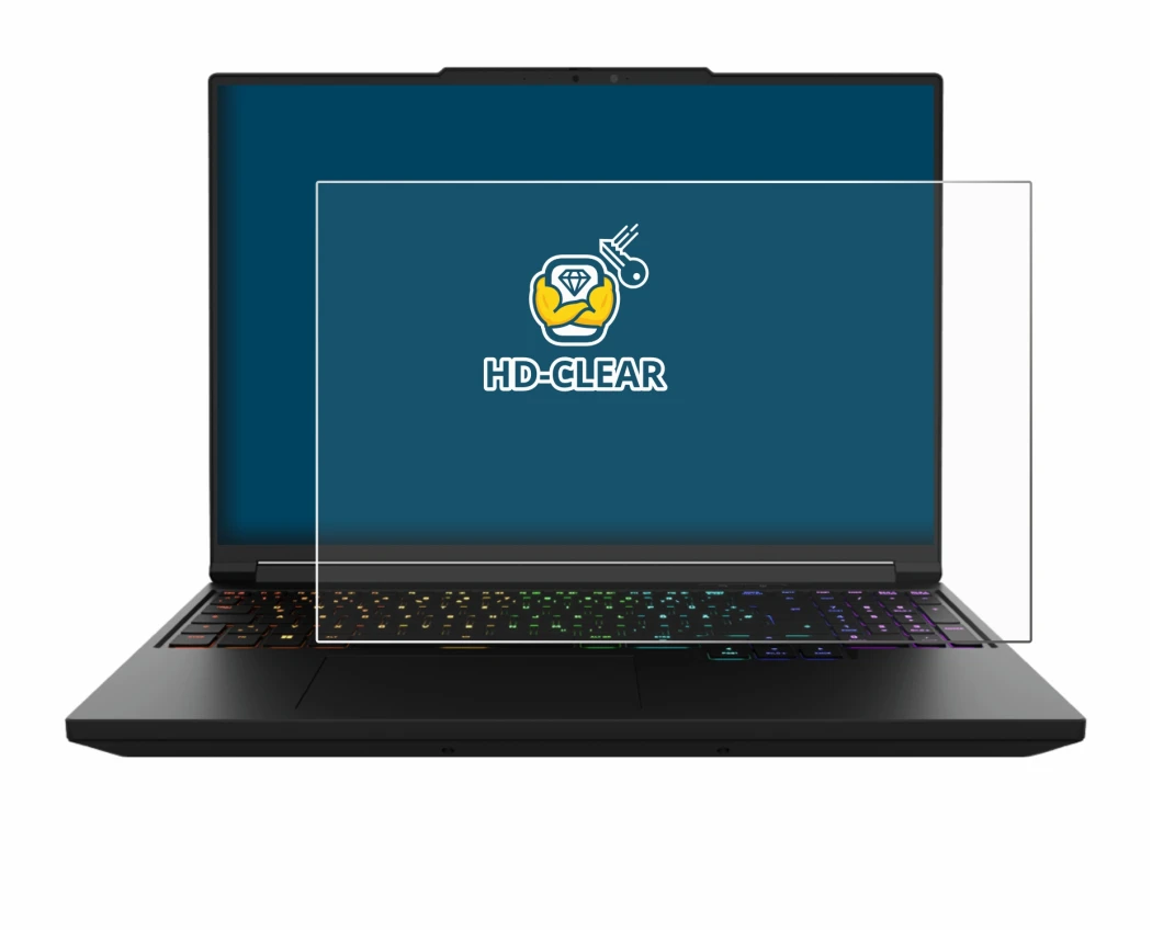 Immagine del dispositivo XMG Pro 16 con un'ampia varietà di protezioni per lo schermo.