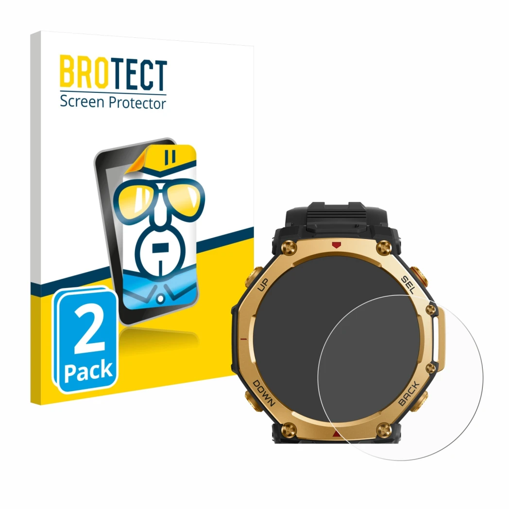 Parte frontale di una confezione del prodotto con il logo del marchio BROTECT. Accanto è raffigurato il dispositivo Huami Amaz