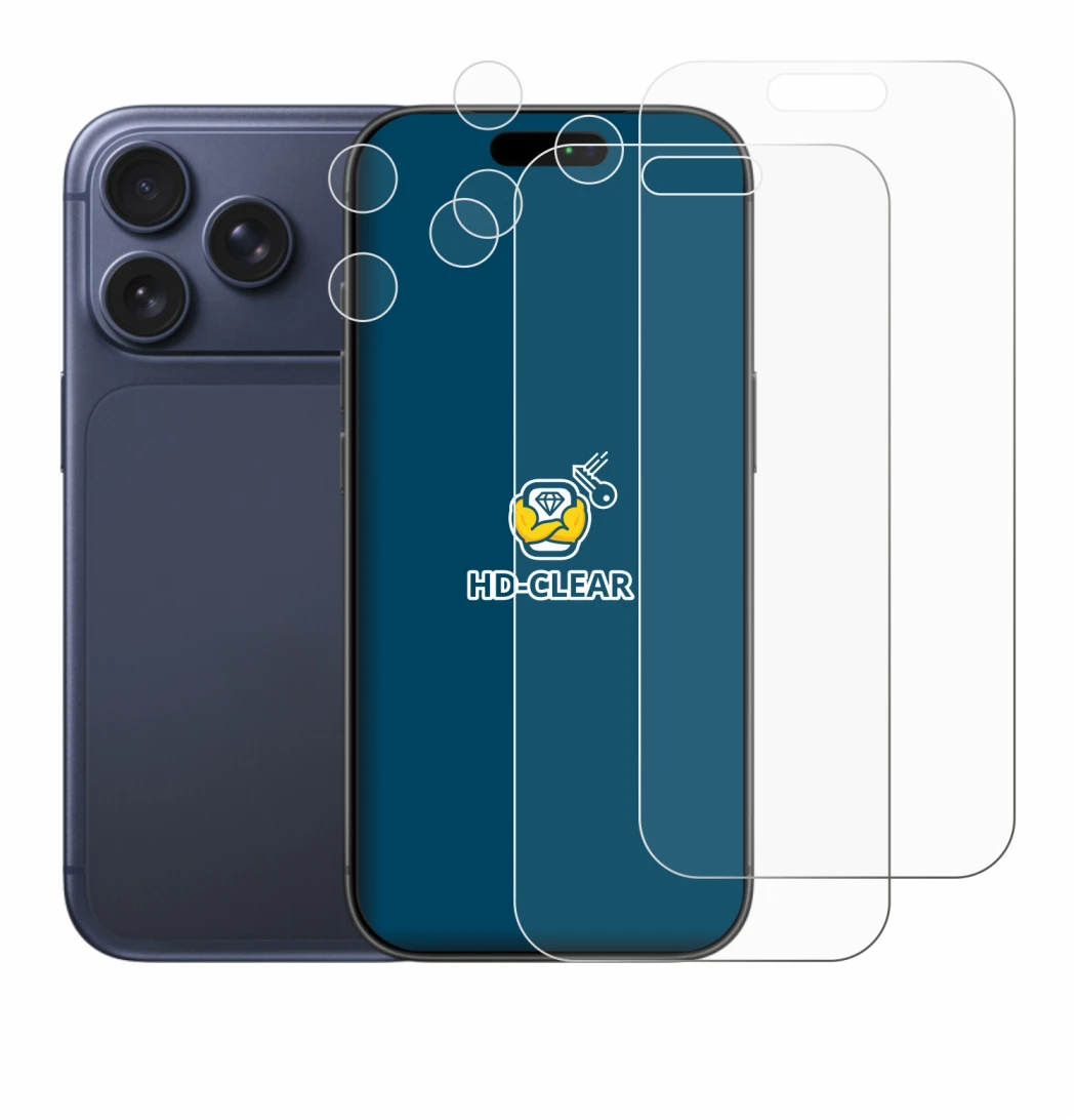 Immagine del dispositivo Apple iPhone 17 Pro (Fronte+Fotocamera) con un'ampia varietà di protezioni per lo schermo.