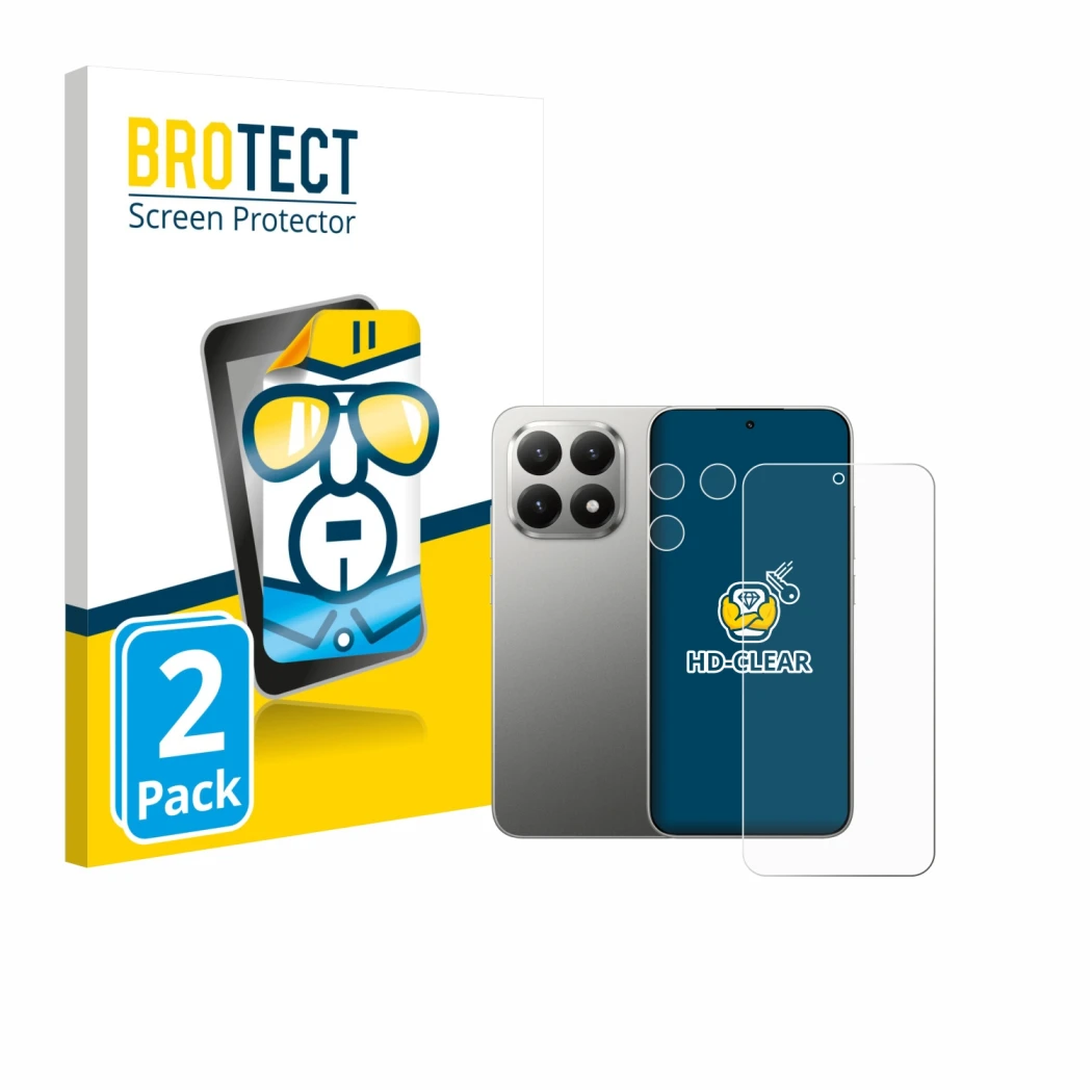 Parte frontale di una confezione del prodotto con il logo del marchio BROTECT. Accanto è raffigurato il dispositivo Xiaomi 15T