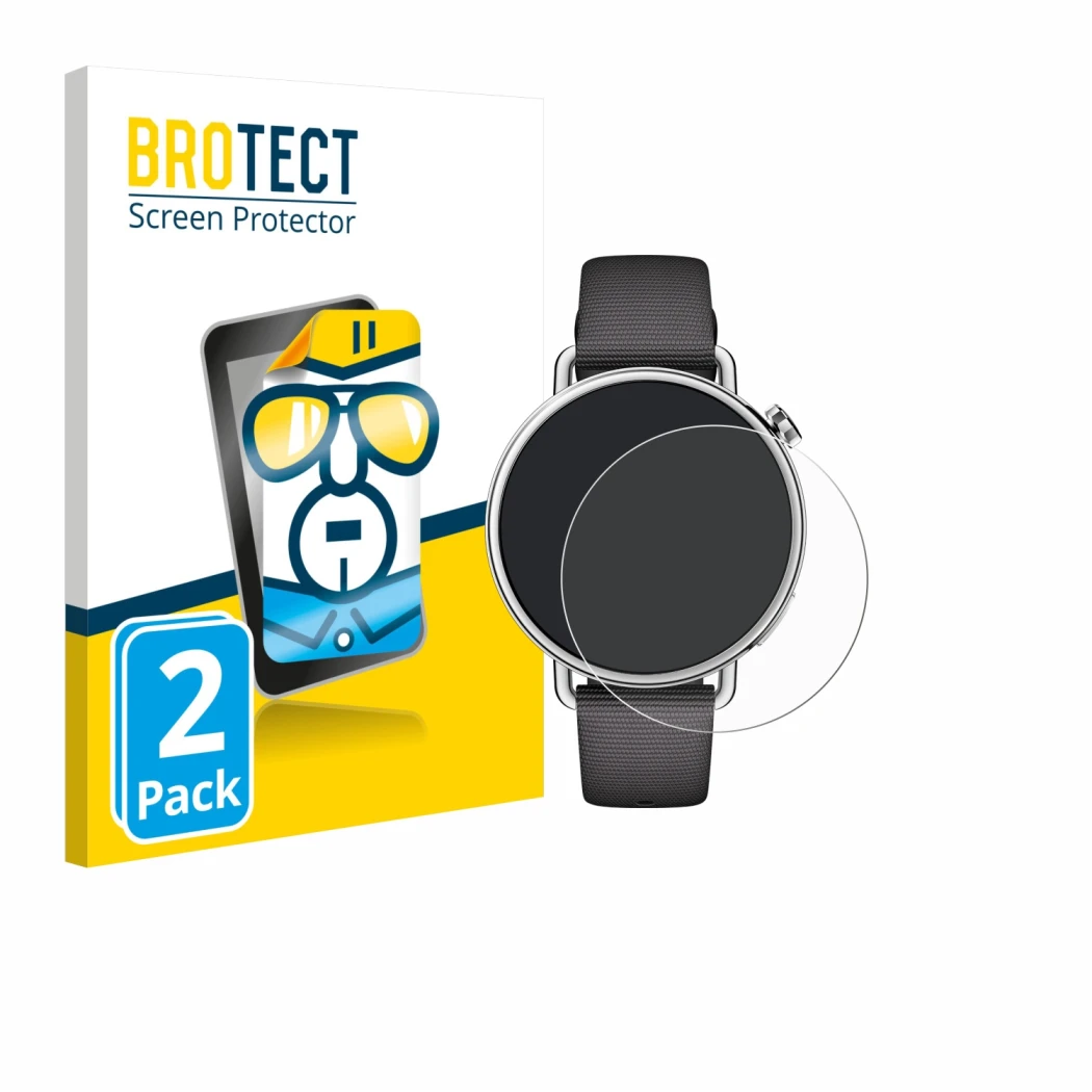 Parte frontale di una confezione del prodotto con il logo del marchio BROTECT. Accanto è raffigurato il dispositivo Xiaomi Wat