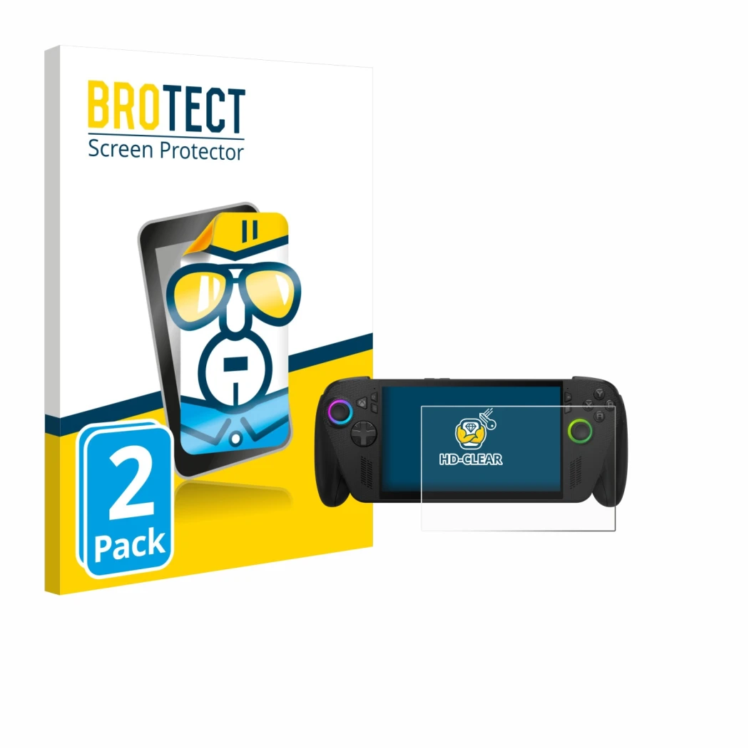 Parte frontale di una confezione del prodotto con il logo del marchio BROTECT. Accanto è raffigurato il dispositivo ASUS ROG A