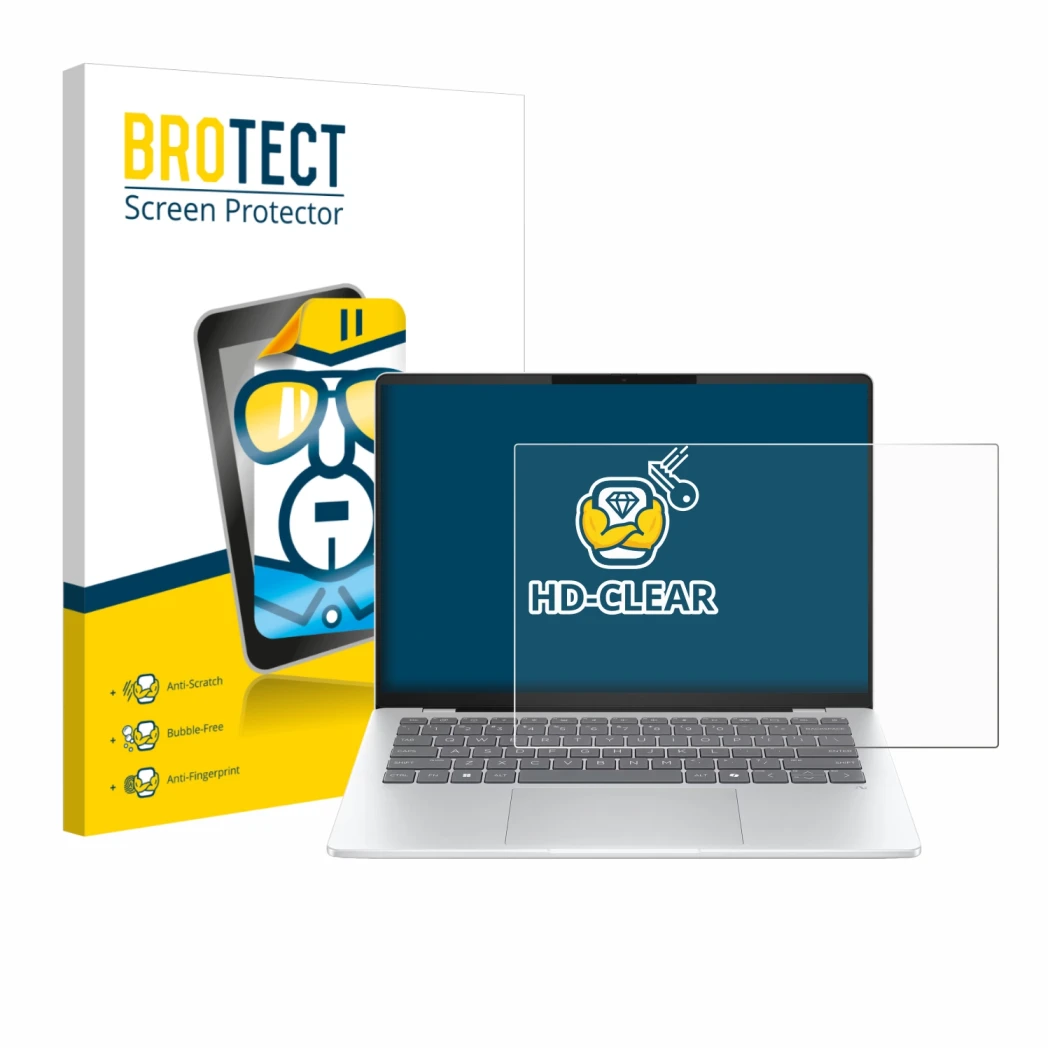 Parte frontale di una confezione del prodotto con il logo del marchio BROTECT. Accanto è raffigurato il dispositivo HP OmniBoo