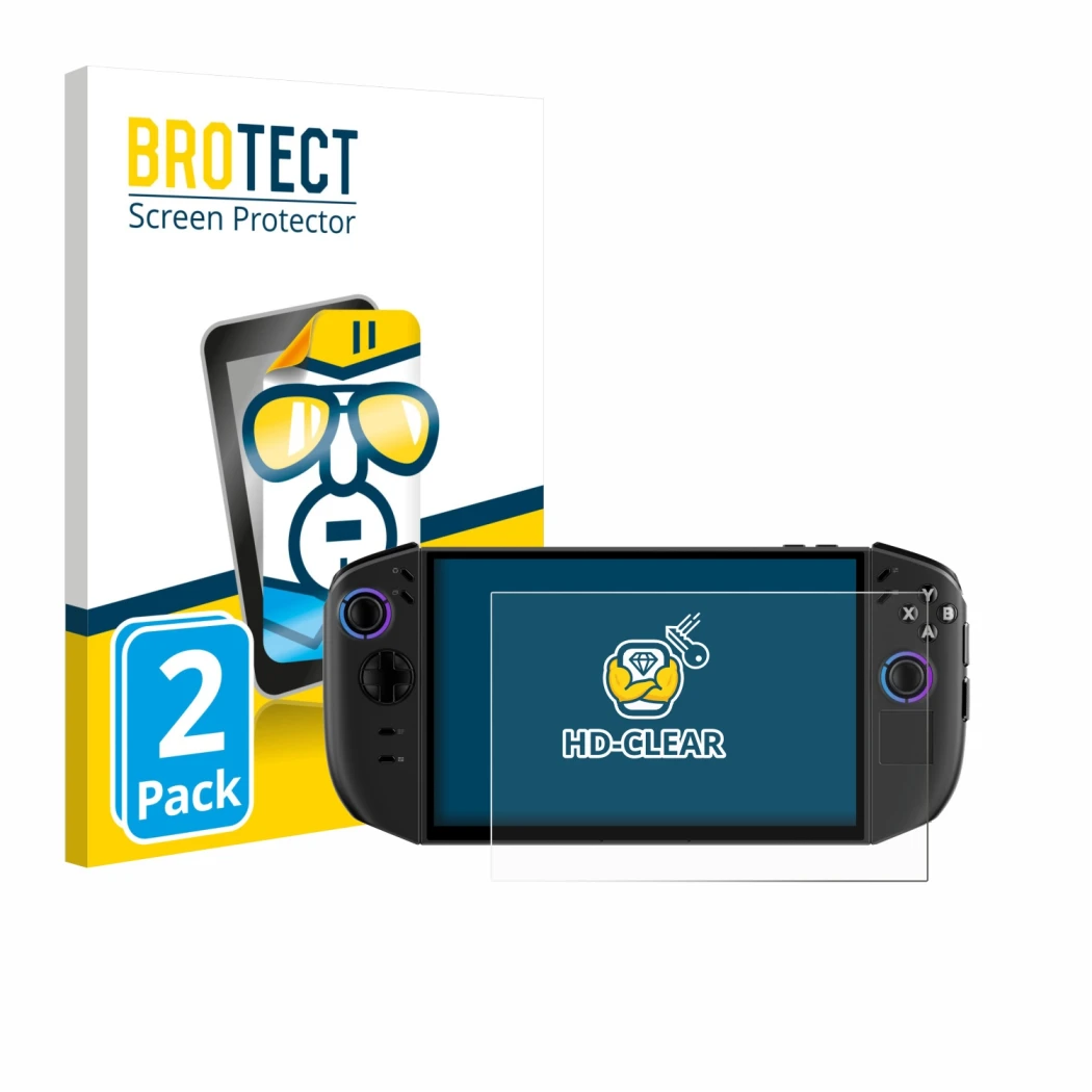 Parte frontale di una confezione del prodotto con il logo del marchio BROTECT. Accanto è raffigurato il dispositivo Lenovo Leg