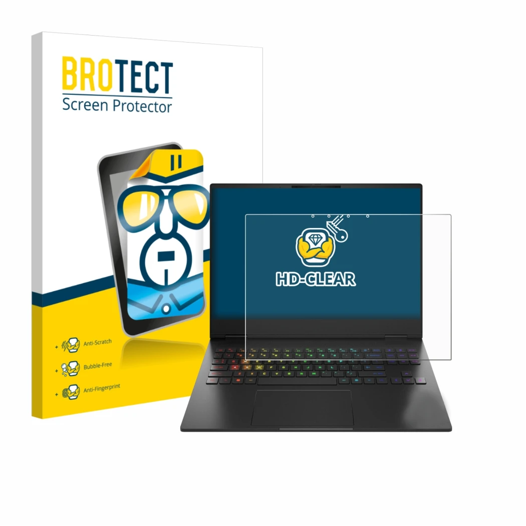 Parte frontale di una confezione del prodotto con il logo del marchio BROTECT. Accanto è raffigurato il dispositivo HP Omen Tr