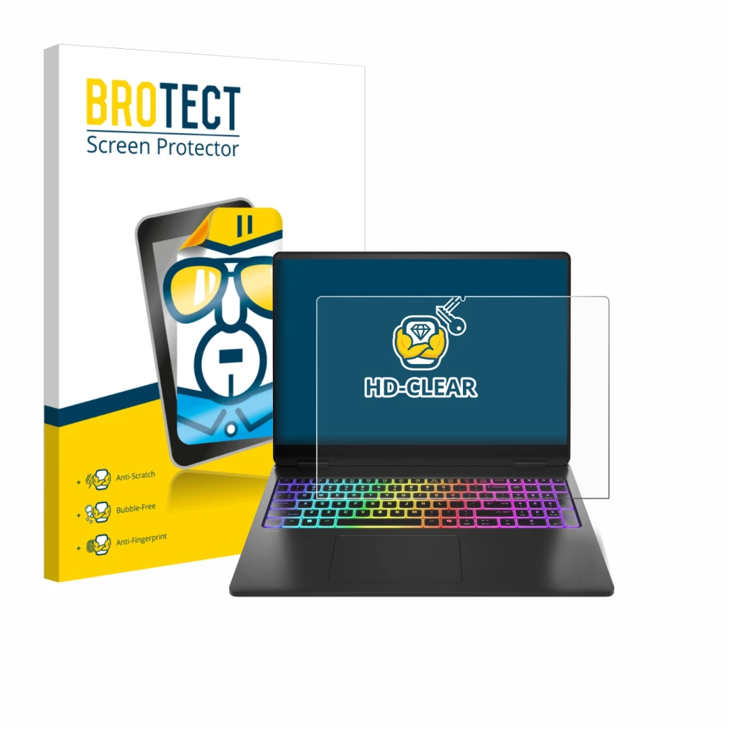 Parte frontale di una confezione del prodotto con il logo del marchio BROTECT. Accanto è raffigurato il dispositivo HP Omen Ma