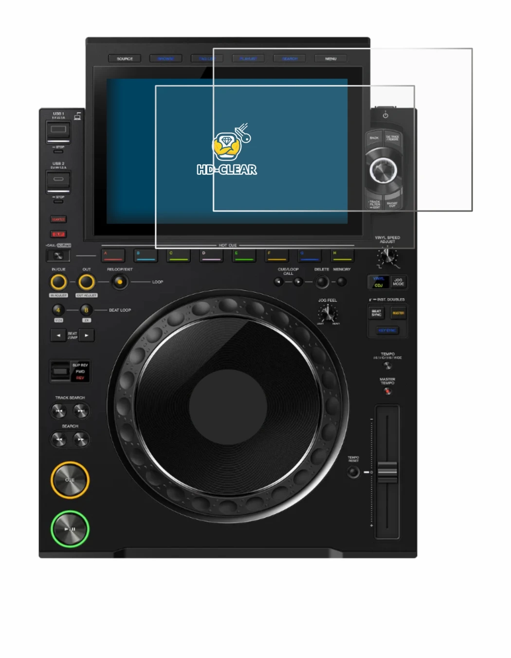 Immagine del dispositivo Pioneer CDJ 3000X con un'ampia varietà di protezioni per lo schermo.