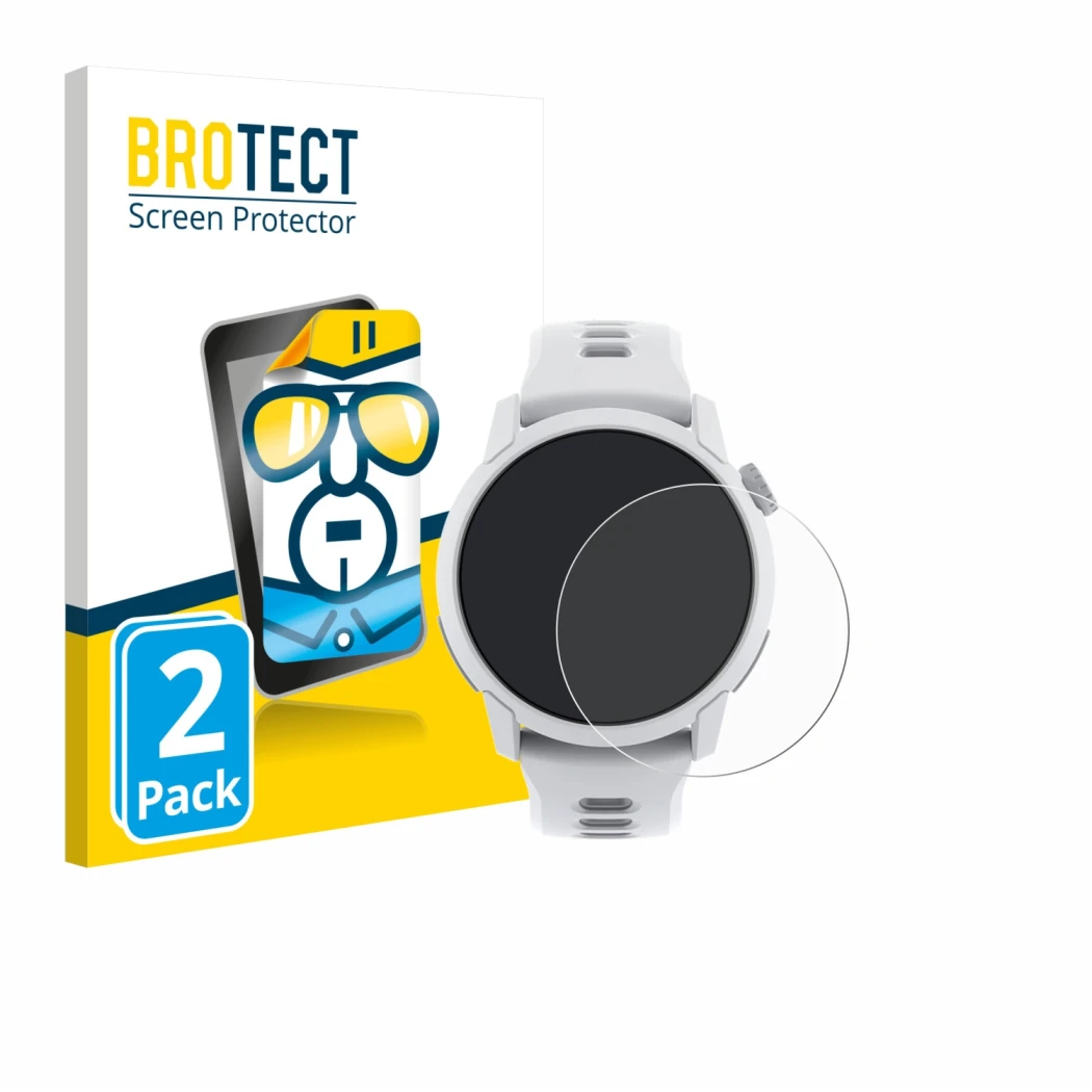 Parte frontale di una confezione del prodotto con il logo del marchio BROTECT. Accanto è raffigurato il dispositivo Coros Pace