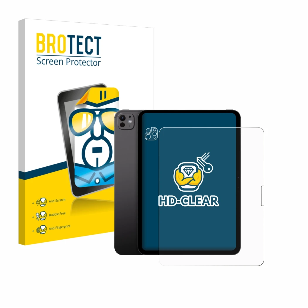 Parte frontale di una confezione del prodotto con il logo del marchio BROTECT. Accanto è raffigurato il dispositivo Apple iPad