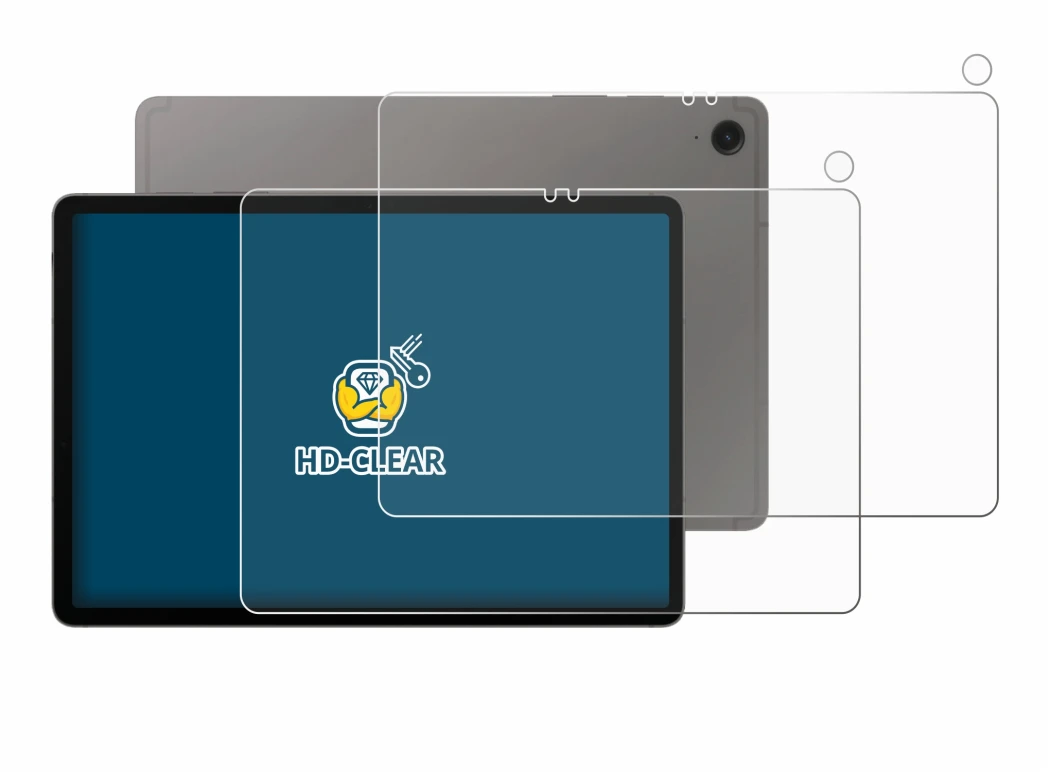 Immagine del dispositivo Samsung Galaxy Tab S9 FE (Fronte+Fotocamera) con un'ampia varietà di protezioni per lo schermo.