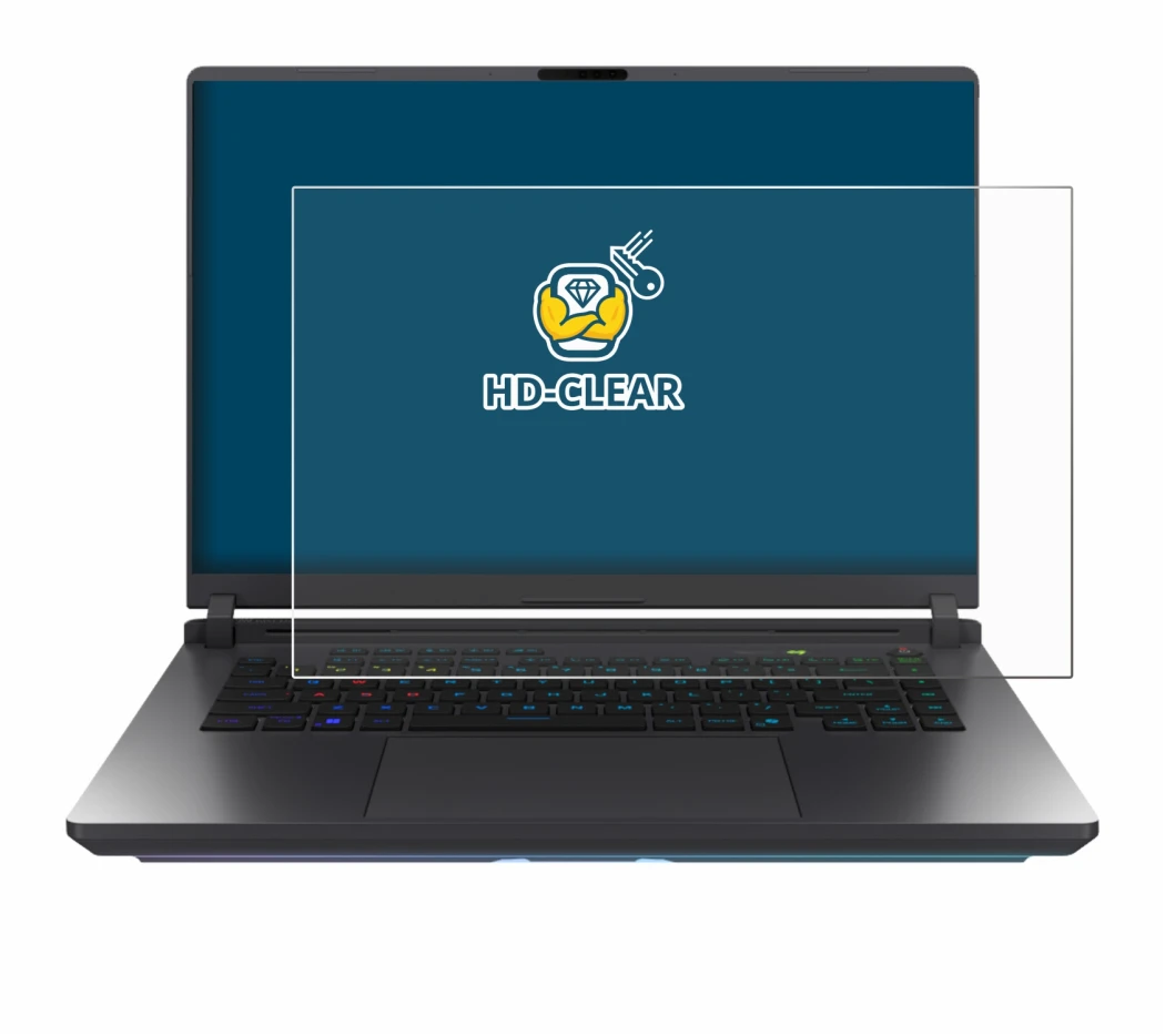 Immagine del dispositivo ASUS ROG Strix G16 2025 con un'ampia varietà di protezioni per lo schermo.