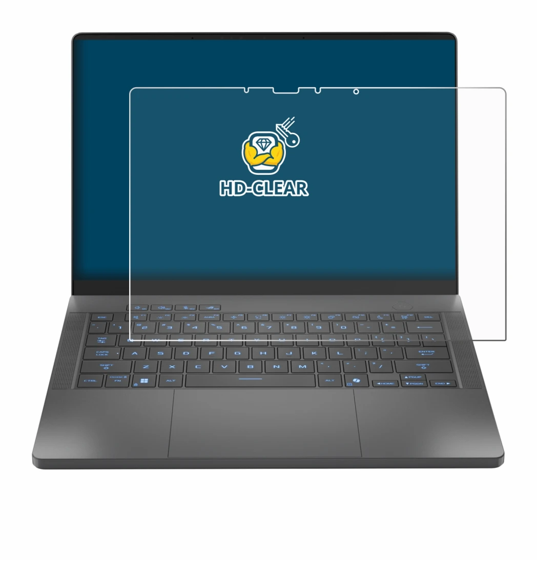 Immagine del dispositivo ASUS ROG Zephyrus G14 2025 GA403 con un'ampia varietà di protezioni per lo schermo.