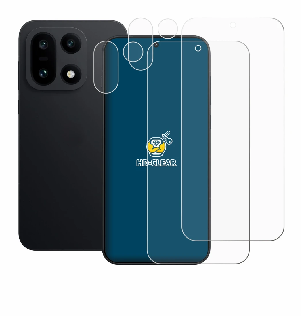 Immagine del dispositivo OnePlus 15 (Fronte+Fotocamera) con un'ampia varietà di protezioni per lo schermo.