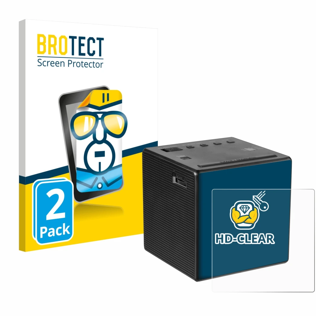 Parte frontale di una confezione del prodotto con il logo del marchio BROTECT. Accanto è raffigurato il dispositivo Sony ICF-C