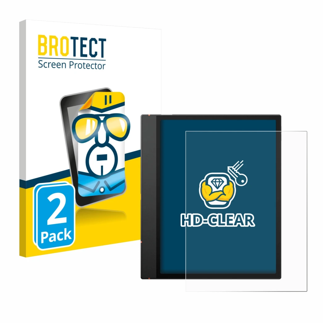 Parte frontale di una confezione del prodotto con il logo del marchio BROTECT. Accanto è raffigurato il dispositivo Boox Note