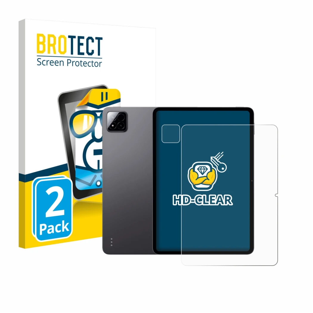 Parte frontale di una confezione del prodotto con il logo del marchio BROTECT. Accanto è raffigurato il dispositivo Xiaomi Pad