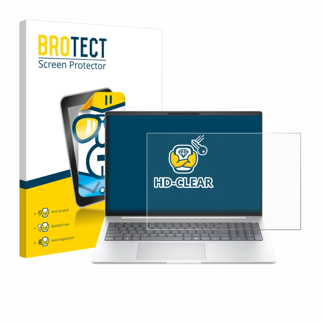 Parte frontale di una confezione del prodotto con il logo del marchio BROTECT. Accanto è raffigurato il dispositivo HP EliteBo