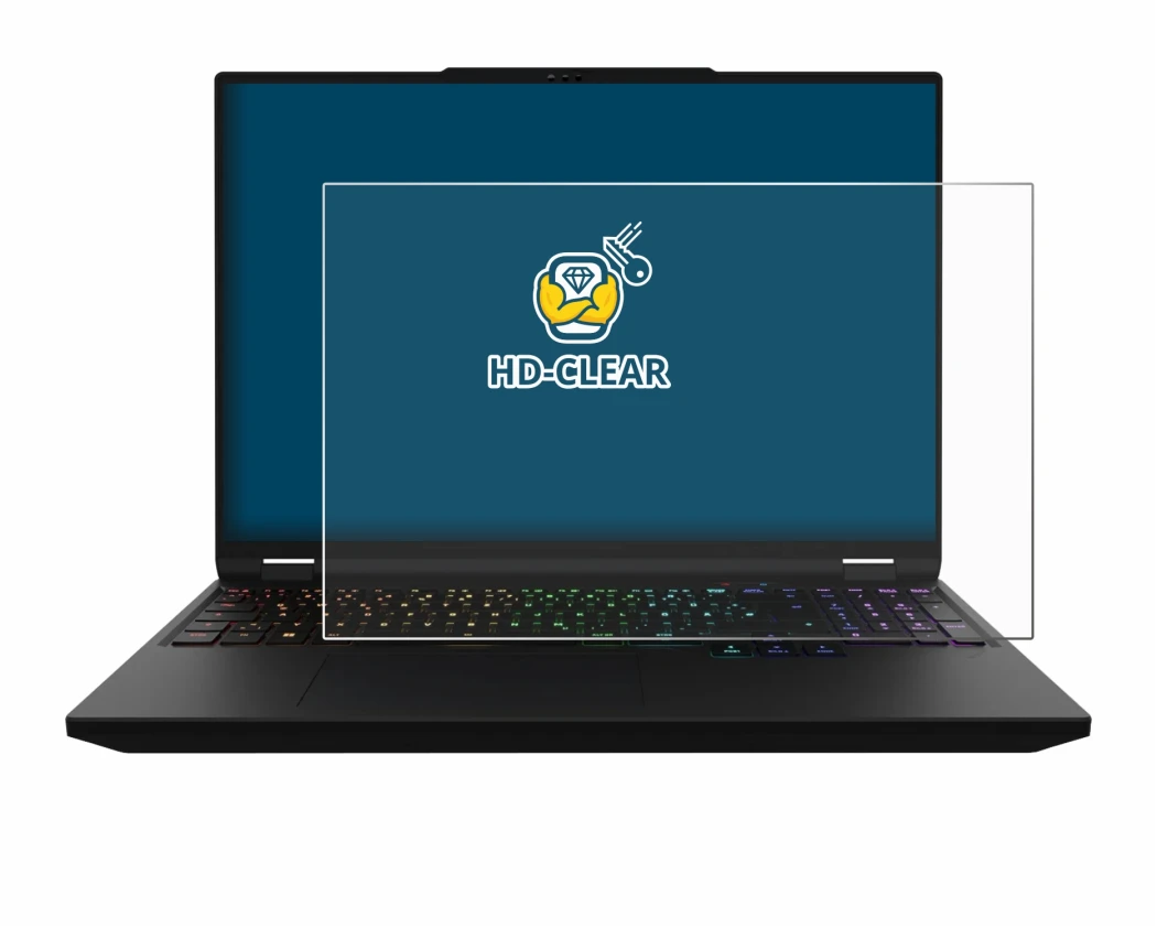 Immagine del dispositivo XMG Apex 16 Max con un'ampia varietà di protezioni per lo schermo.