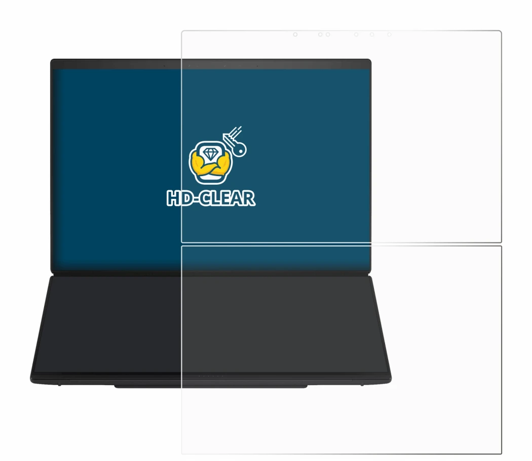Immagine del dispositivo ASUS ZenBook Duo UX8407 con un'ampia varietà di protezioni per lo schermo.