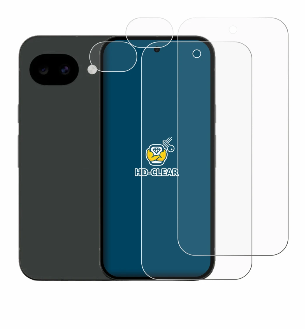 Immagine del dispositivo Google Pixel 10a (Fronte+Fotocamera) con un'ampia varietà di protezioni per lo schermo.