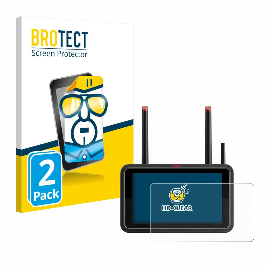 Parte frontale di una confezione del prodotto con il logo del marchio BROTECT. Accanto è raffigurato il dispositivo Atomos Nin