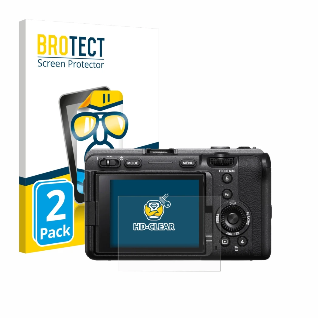 Parte frontale di una confezione del prodotto con il logo del marchio BROTECT. Accanto è raffigurato il dispositivo Sony FX3A
