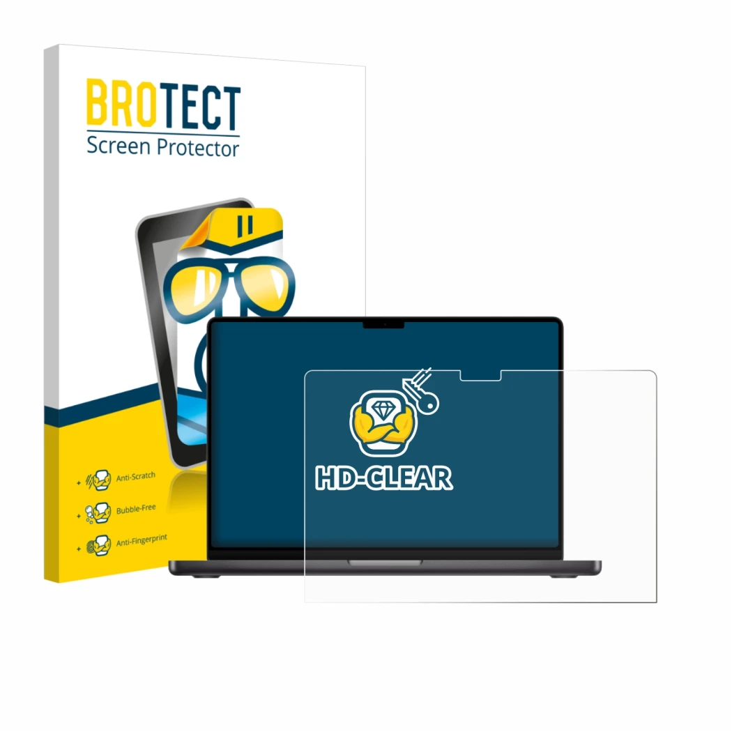 Parte frontale di una confezione del prodotto con il logo del marchio BROTECT. Accanto è raffigurato il dispositivo Apple MacB