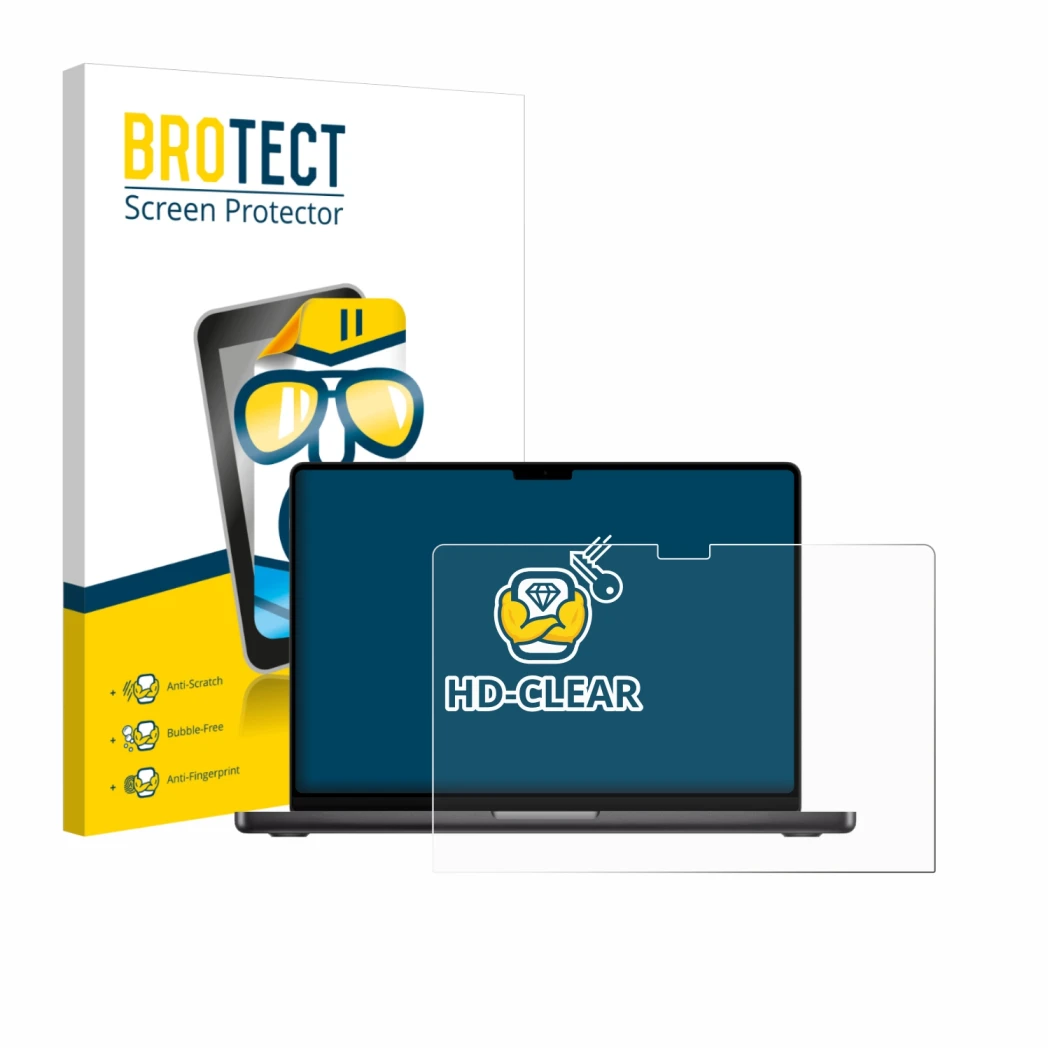 Parte frontale di una confezione del prodotto con il logo del marchio BROTECT. Accanto è raffigurato il dispositivo Apple MacB