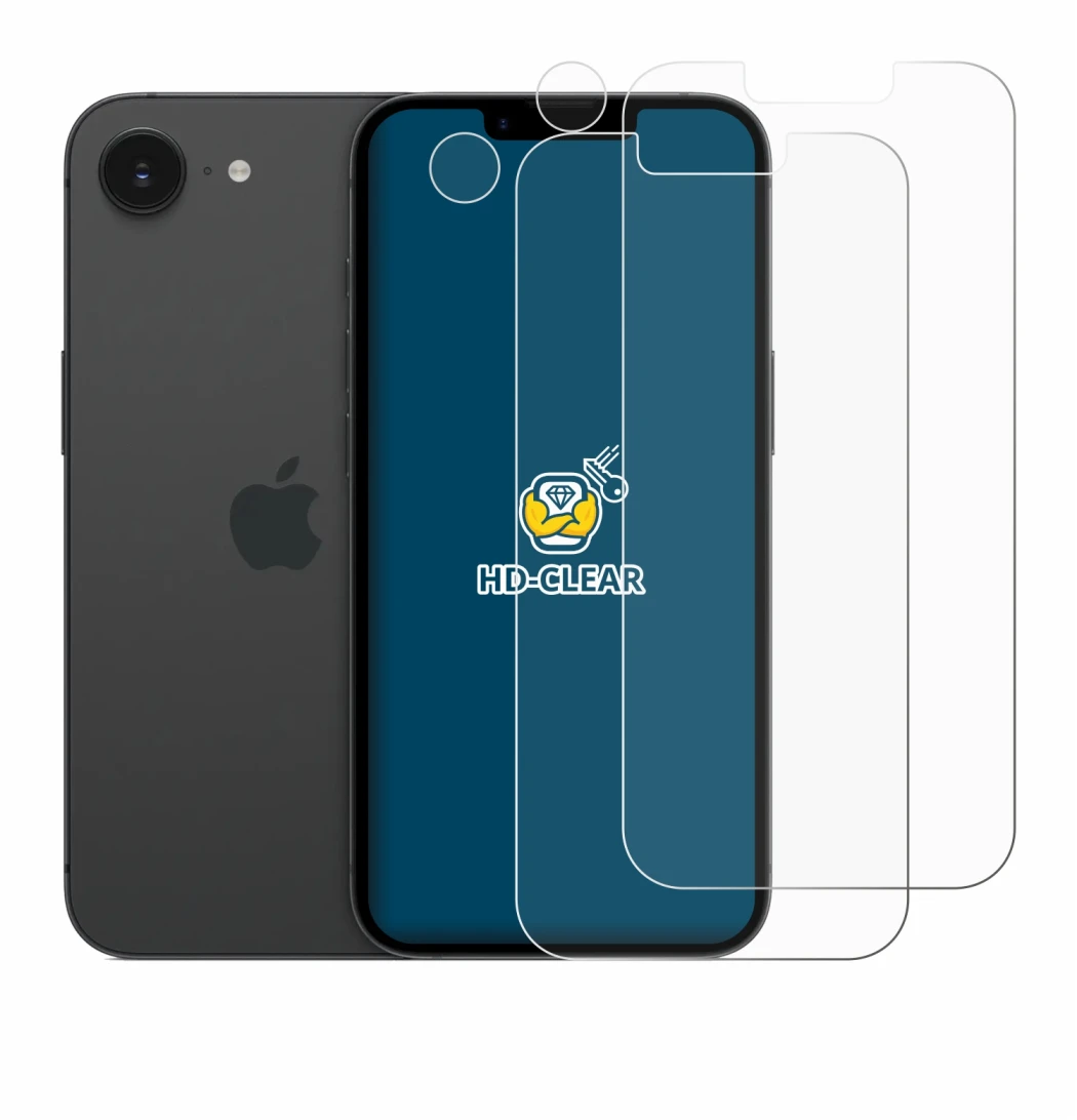 Immagine del dispositivo Apple iPhone 17e (Fronte+Fotocamera) con un'ampia varietà di protezioni per lo schermo.