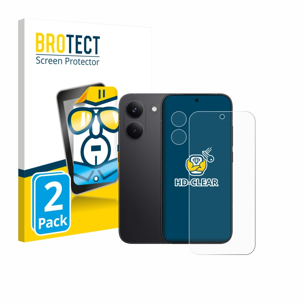 Parte frontale di una confezione del prodotto con il logo del marchio BROTECT. Accanto è raffigurato il dispositivo Xiaomi Poc