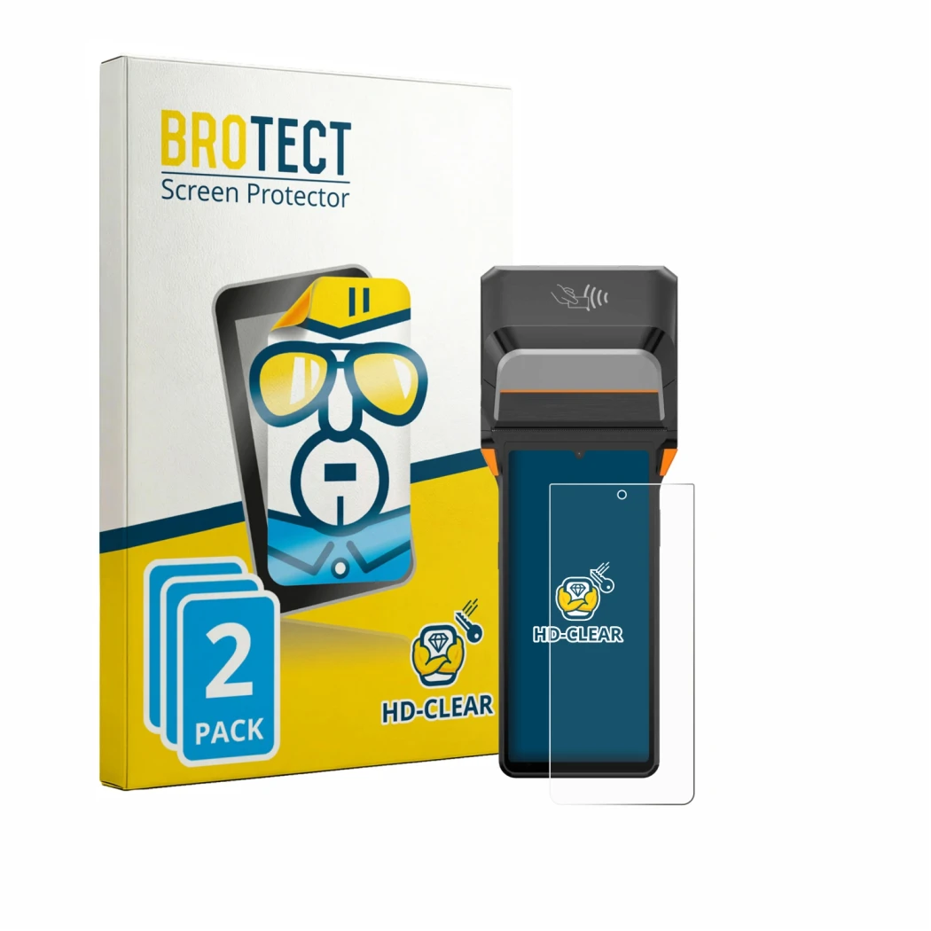 Parte frontale di una confezione del prodotto con il logo del marchio BROTECT. Accanto è raffigurato il dispositivo Sunmi V3 P