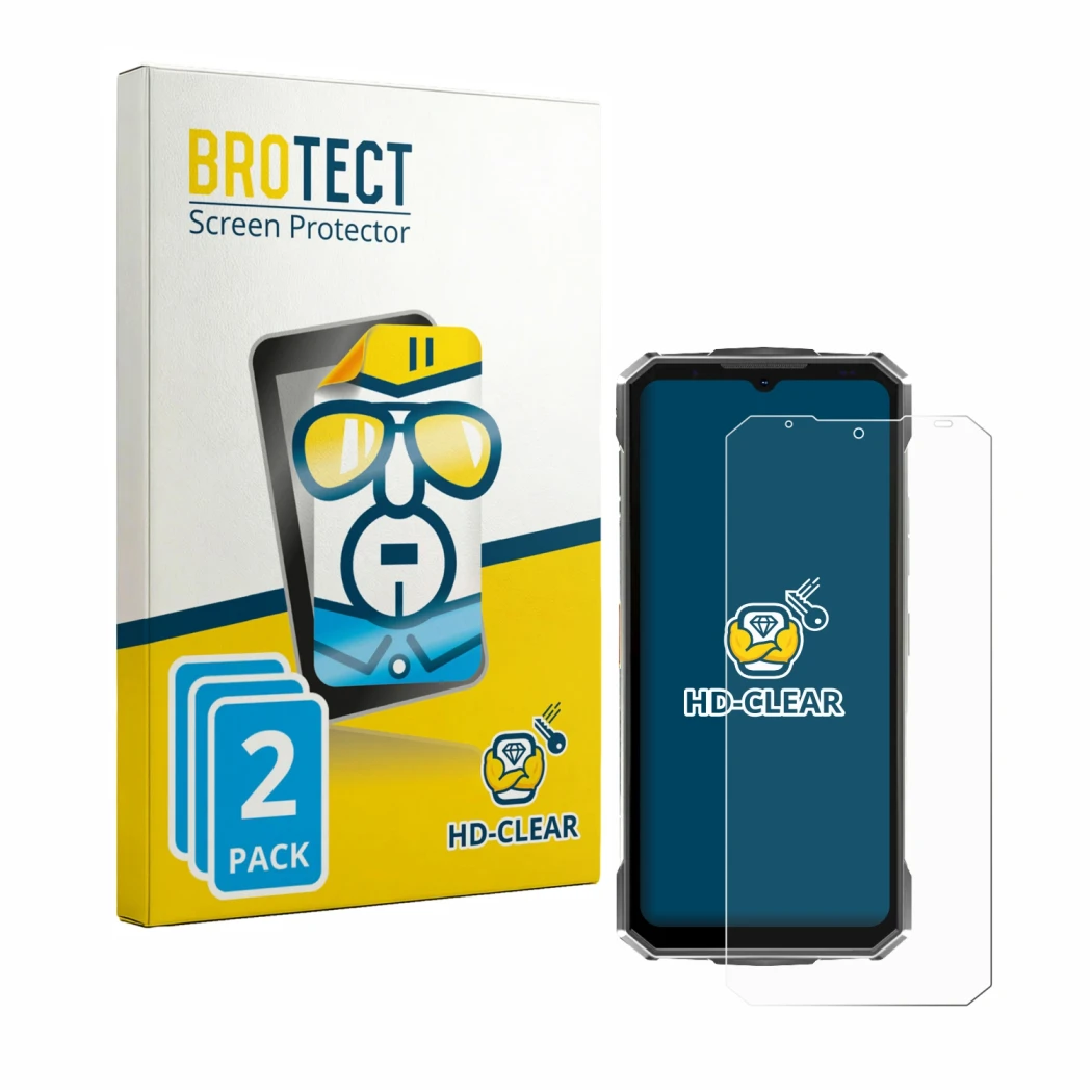 Parte frontale di una confezione del prodotto con il logo del marchio BROTECT. Accanto è raffigurato il dispositivo Doogee Fir