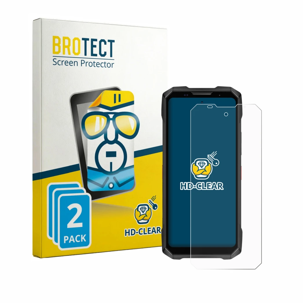Parte frontale di una confezione del prodotto con il logo del marchio BROTECT. Accanto è raffigurato il dispositivo Doogee V M