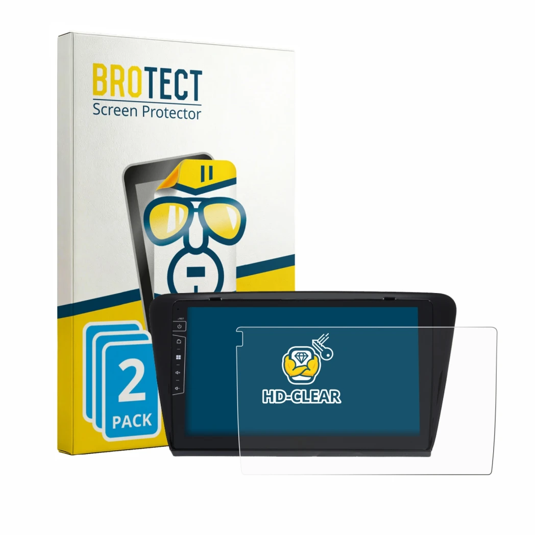 Parte frontale di una confezione del prodotto con il logo del marchio BROTECT. Accanto è raffigurato il dispositivo Dynavin D9