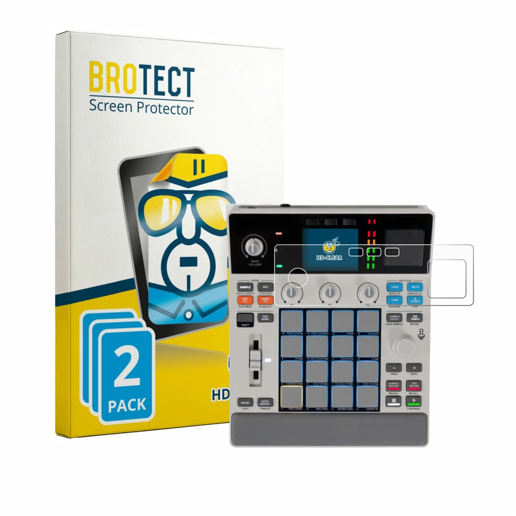 Parte frontale di una confezione del prodotto con il logo del marchio BROTECT. Accanto è raffigurato il dispositivo Akai MPC S