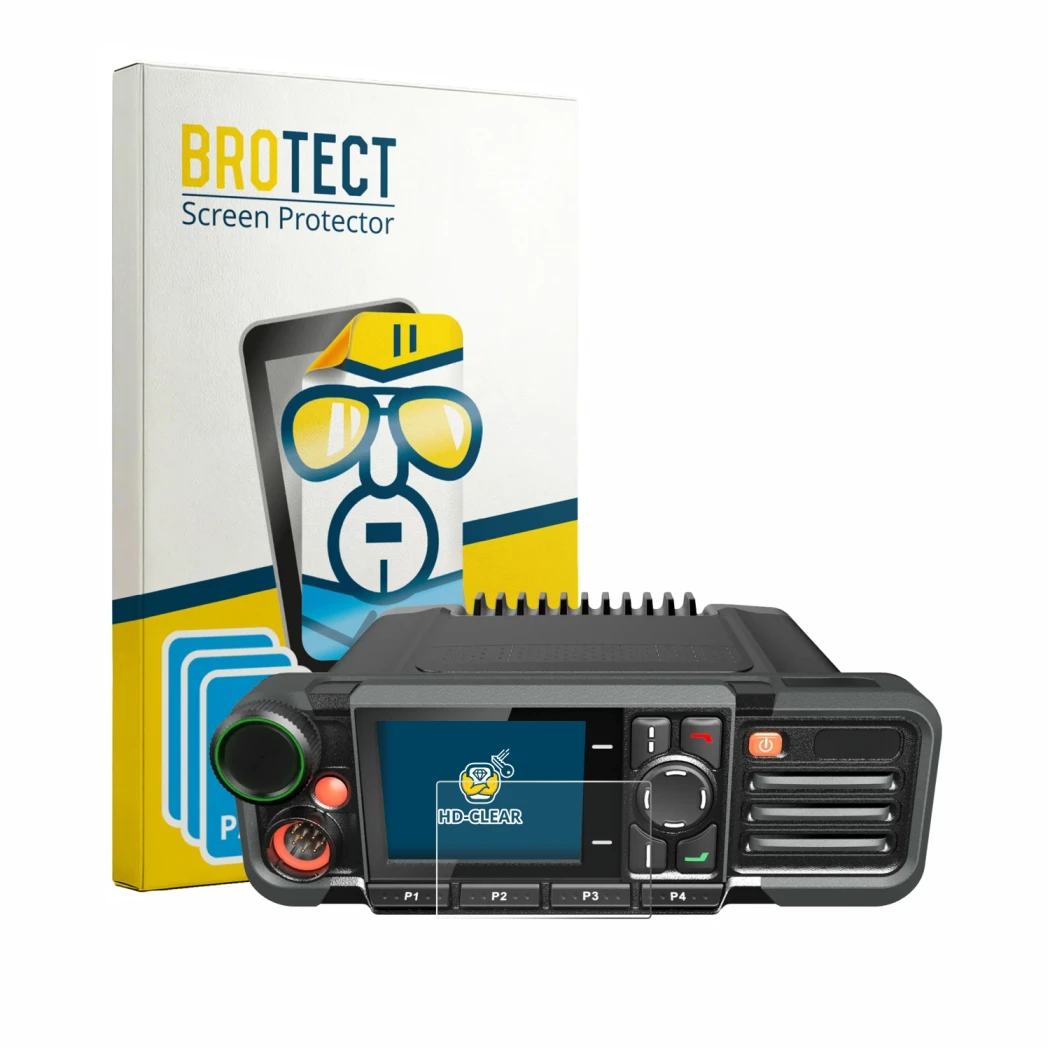 Parte frontale di una confezione del prodotto con il logo del marchio BROTECT. Accanto è raffigurato il dispositivo Hytera HM7