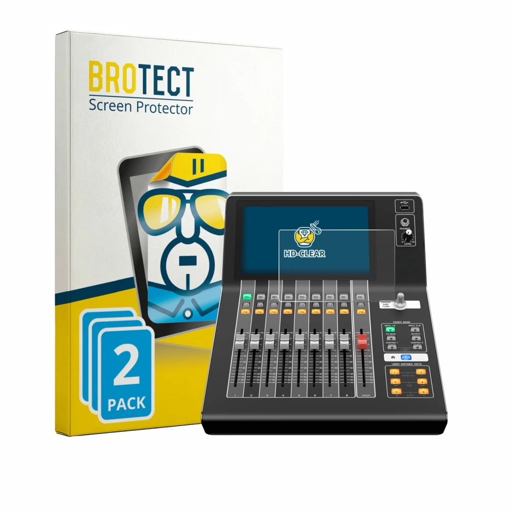 Parte frontale di una confezione del prodotto con il logo del marchio BROTECT. Accanto è raffigurato il dispositivo Yamaha DM3