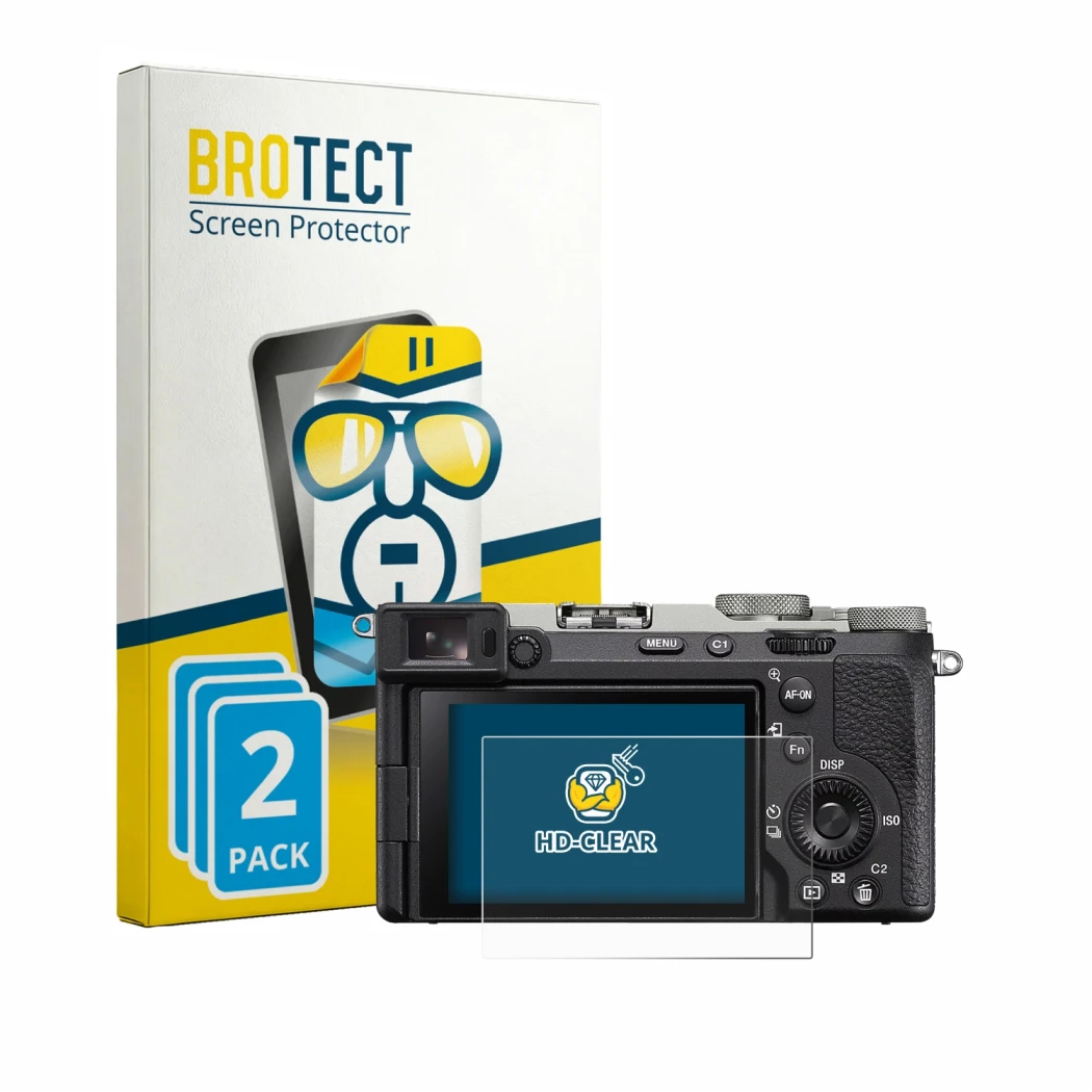 Parte frontale di una confezione del prodotto con il logo del marchio BROTECT. Accanto è raffigurato il dispositivo Sony A7C I