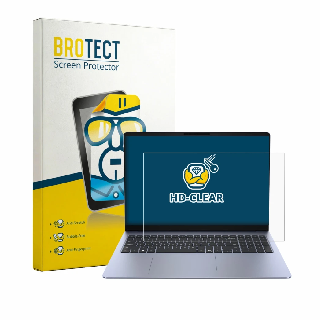 Parte frontale di una confezione del prodotto con il logo del marchio BROTECT. Accanto è raffigurato il dispositivo Dell 16S c