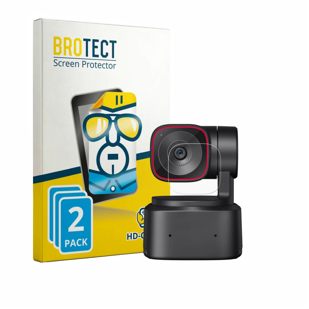 Parte frontale di una confezione del prodotto con il logo del marchio BROTECT. Accanto è raffigurato il dispositivo OBSBOT Tin