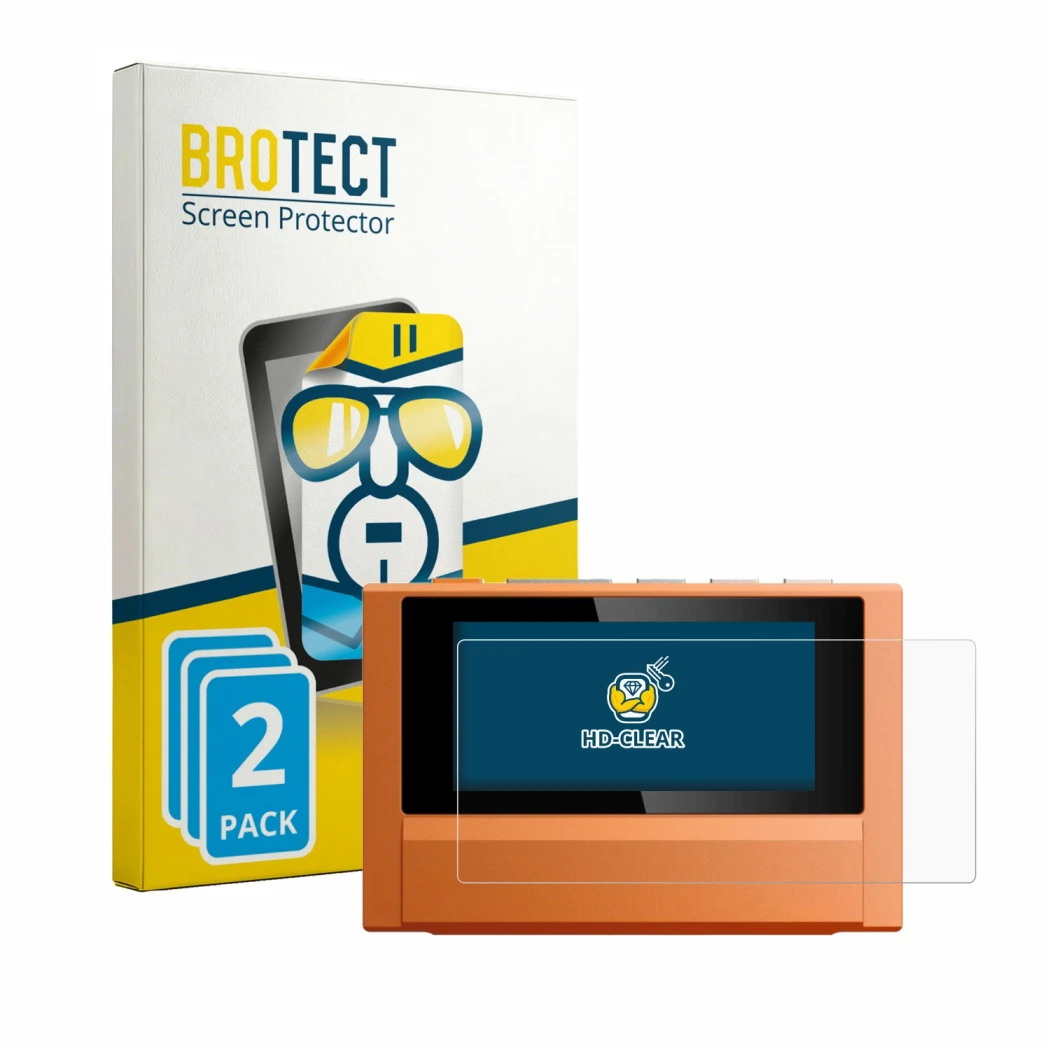 Parte frontale di una confezione del prodotto con il logo del marchio BROTECT. Accanto è raffigurato il dispositivo FiiO SnowS