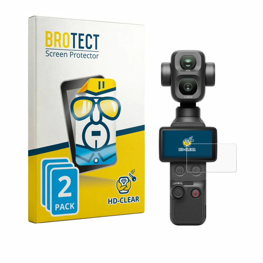 Parte frontale di una confezione del prodotto con il logo del marchio BROTECT. Accanto è raffigurato il dispositivo DJI Osmo P
