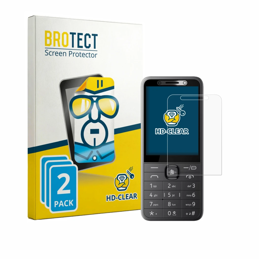 Parte frontale di una confezione del prodotto con il logo del marchio BROTECT. Accanto è raffigurato il dispositivo Nokia 235