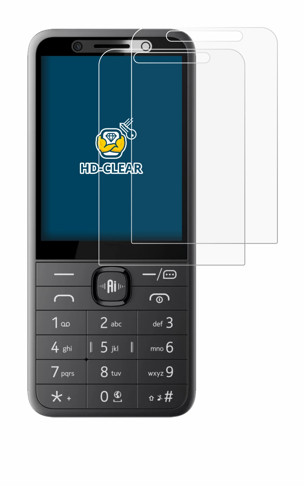 Immagine del dispositivo Nokia 235 4G (2026) con un'ampia varietà di protezioni per lo schermo.
