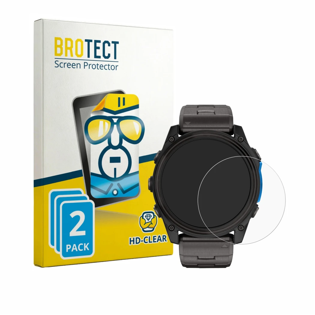 Parte frontale di una confezione del prodotto con il logo del marchio BROTECT. Accanto è raffigurato il dispositivo Garmin D2