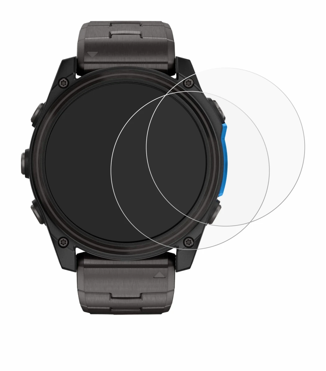 Immagine del dispositivo Garmin D2 Mach 2 (51 mm) con un'ampia varietà di protezioni per lo schermo.