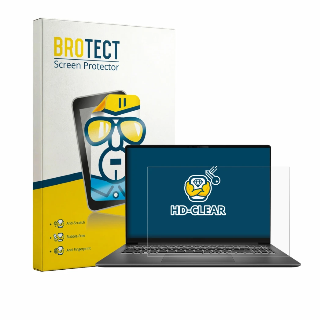 Parte frontale di una confezione del prodotto con il logo del marchio BROTECT. Accanto è raffigurato il dispositivo MSI Modern