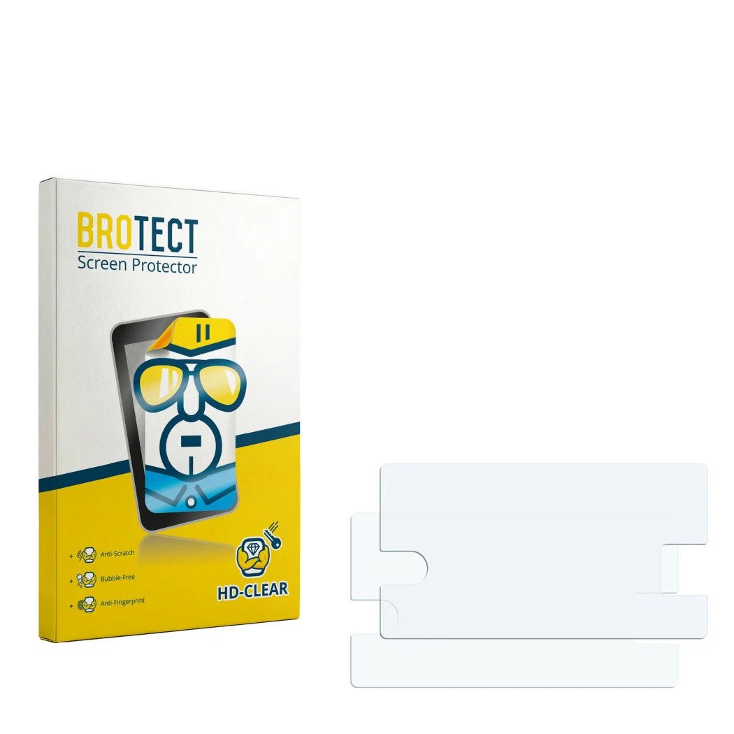 Parte frontale di una confezione del prodotto con il logo del marchio BROTECT. Accanto si trova la protezione per lo schermo c
